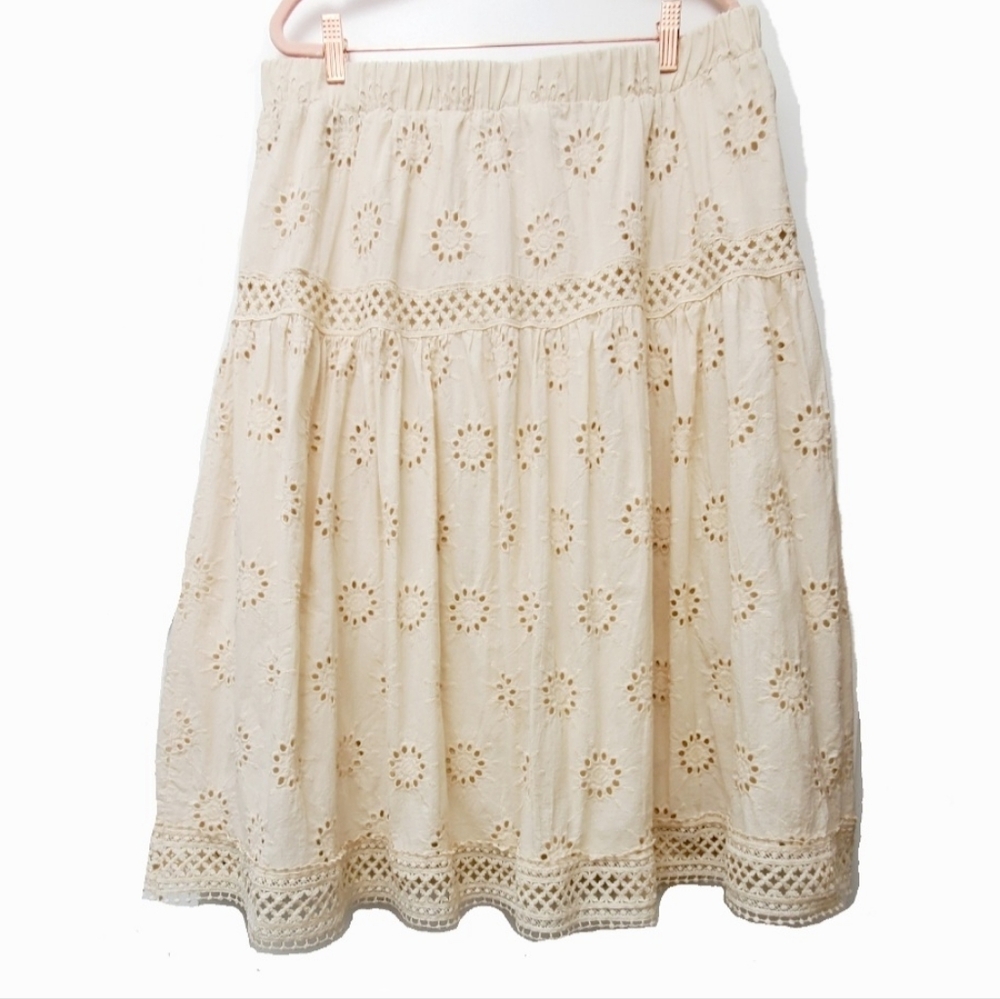 Ultra Pink Lace Eylet Elastic Waist 100% Cotton Skirt Beige Color Size XL - Picture 1 of 9